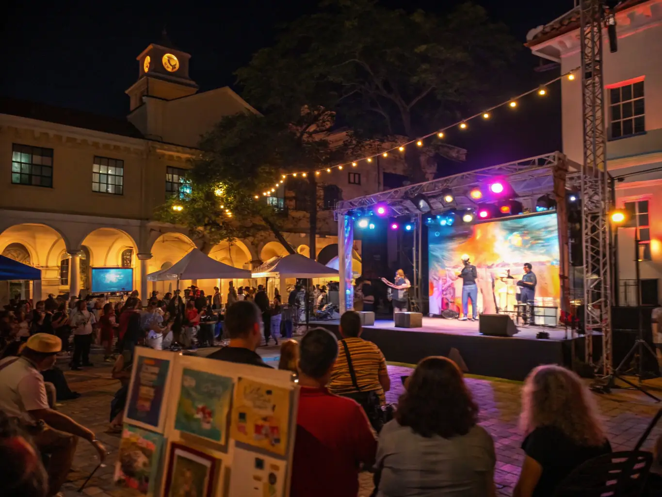 A vibrant photo of a community festival with colorful decorations, crowds enjoying music and dance, and lively lighting setups, representing UMQB's community event organization services.