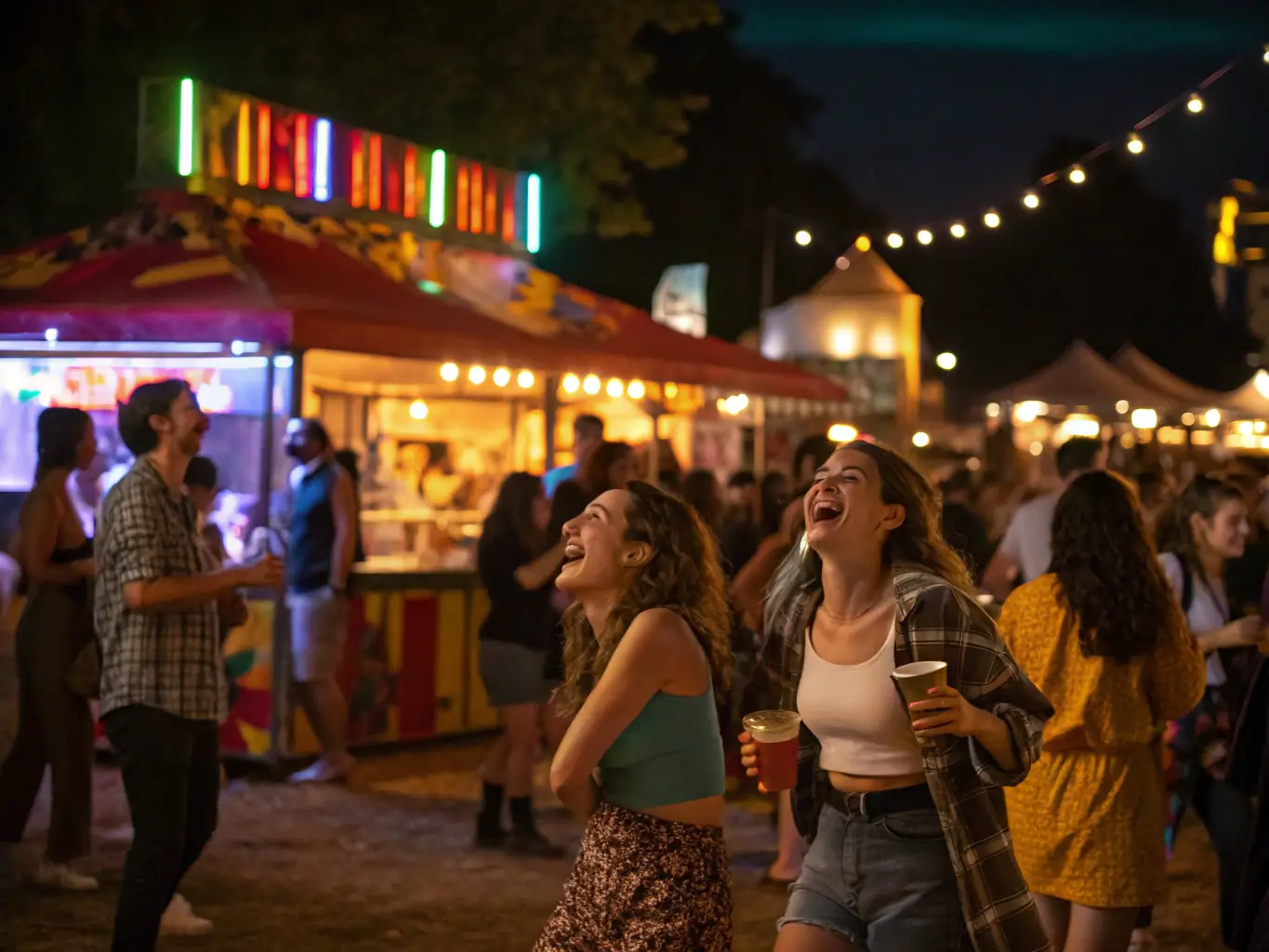 A vibrant outdoor festival scene with people of all ages enjoying music, dance, and food stalls, capturing the lively atmosphere of a UMQB-organized community event.