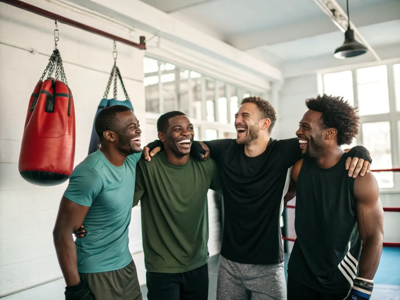 A heartwarming image of BOXE COOP members of different ages and backgrounds celebrating a victory together, highlighting the sense of community and support within the club.