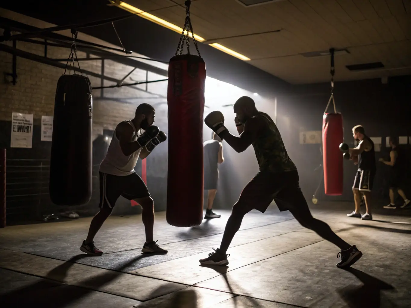 An image depicting adults engaged in a high-intensity boxing training session, showcasing various drills and sparring exercises. The participants are diverse and motivated, reflecting the inclusive nature of BOXE COOP.