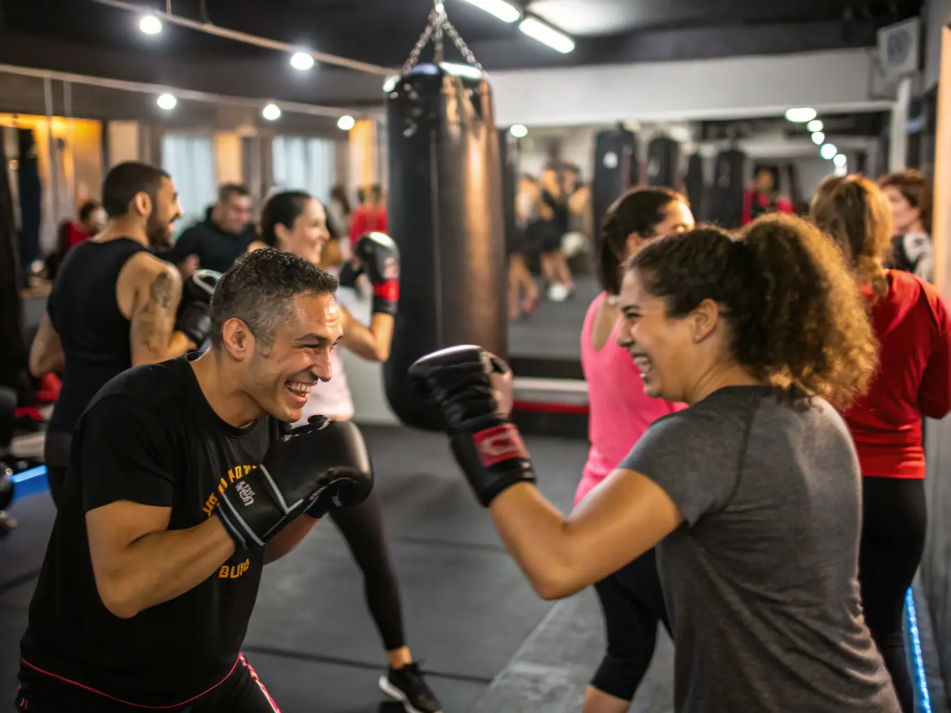 A dynamic image of a diverse group of BOXE COOP members engaged in a high-energy boxing training session, showcasing teamwork and camaraderie.
