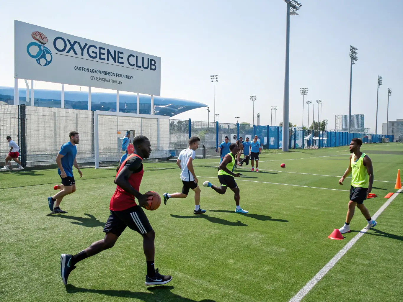 A vibrant image of participants engaged in a multi-sport activity session, such as basketball or soccer, emphasizing teamwork and physical fitness. The setting is an outdoor sports field with BOXE COOP branding.